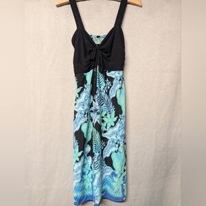 Vintage Rainbow Jo Black + Aqua Tropical Tie-Front Midi Dress Size Medium